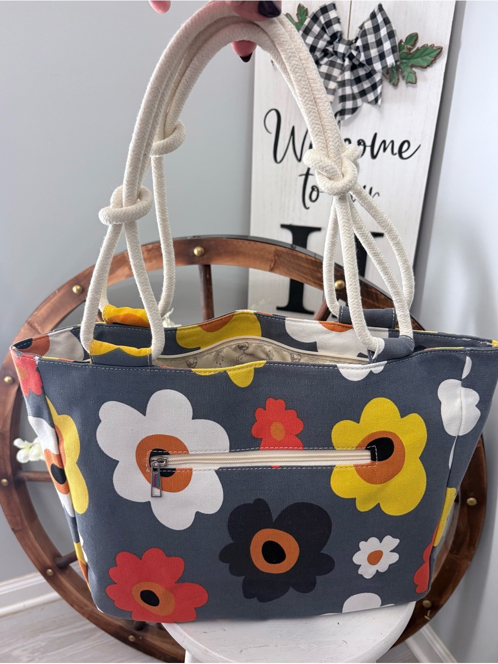 Floral Canvas Tote Bag in Gray with Yellow & Orange Accents & white rope handles